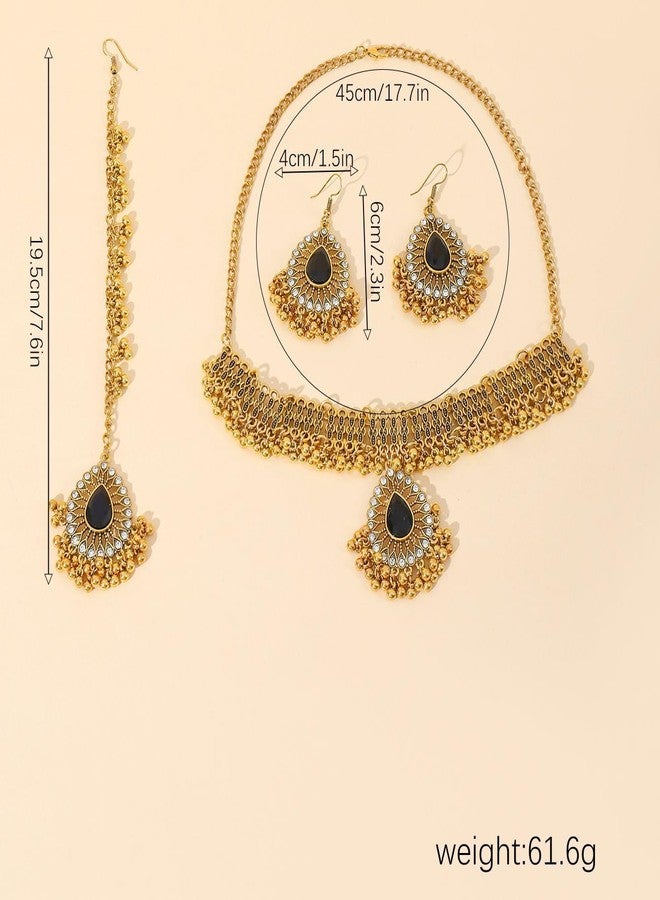 Cykdohy Ethnic Indian Jhumka Tassel Rhinestone Choker Necklace Earrings Maang Tikka 3 Pcs Set Oxidized Ancient Gold Bohemian Traditional Jhumki Pendant Crystal Retro Bollywood Statement Gypsy Wedding Bridal Jewelry for Women (Black) - Image 2
